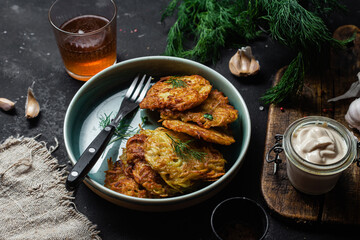 Potato pancakes in a bowl. Draniki.