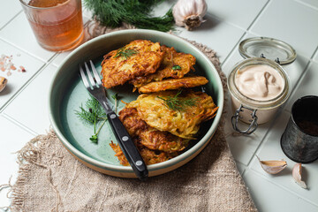 Potato pancakes in a bowl. Draniki.