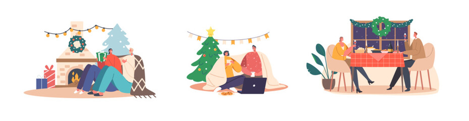 Set Young Loving Couple Celebrate Christmas, Sitting at Table, Drinking Tea, Chatting, Watching Movie on Laptop