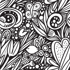 Doodle leaves and beards seamless pattern. Adult coloring page