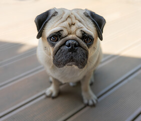 Sitting pug outdoors