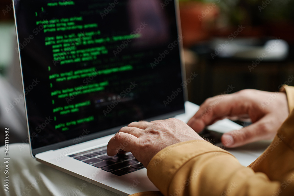 Poster Hands of modern programmer or software developer typing on laptop keyboard while decoding data or working over new IT project