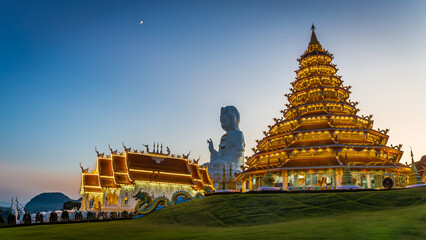 Panorama Landscape of Wat Huay Pla Kang, Chinese temple at sunset time in Chiang Rai Thailand, This is the most popular and famous temple in Chiang Rai. - obrazy, fototapety, plakaty