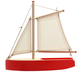 Modell eines roten Segelbootes aus Holz seitlich