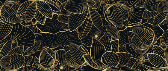 Vector banner with golden lotus flowers on a black background. Line art style.