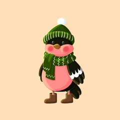 Funny Christmas bullfinch in a hat and scarf - cute illustration