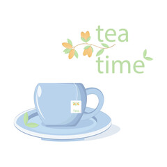Cup of tea, mug, healthy food, sea buckthorn and logo ''teatime''. Vector illustration.