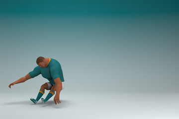 Fototapeta na wymiar An athlete wearing a green shirt and white pants is jumping. 3d rendering of cartoon character in acting.