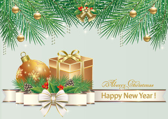 Happy New Year 2023. Holiday greeting card with gift box, balls and Christmas decorations. Festive background with place for your text. 3d vector illustration.