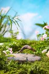 The front view of the stone podium showcases products in a garden with flowers, plants, and branches. Empty platform.