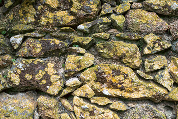 Old stone wall with yellow fungus and moss