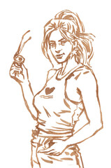 hand drawn woman posing coffee painting for card illustration background