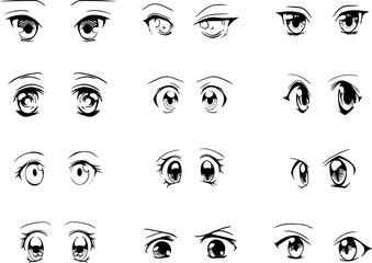 Set of cartoon anime style expressions. Different eyes, mouth, eyebrows. Contour picture for manga. Hand drawn vector illustration isolated on white background. - obrazy, fototapety, plakaty