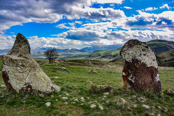 Megalithic standing stone of Zorats karer or Qarahunj is a prehistoric monument in Armenia. May 5,...