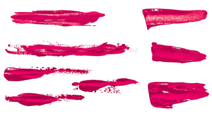 Fototapeta premium A set of pink brushstrokes of various shapes on a white background.