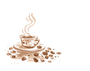 cup of coffee with coffee beans coffee painting for card illustration decoration