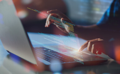 IT programer working on computer code digital technology. Conceptual of computer science project, writing software code script for business data analytics.