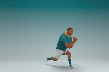 Naklejka na ściany i meble An athlete wearing a green shirt and white pants is runing. 3d rendering of cartoon character in acting.