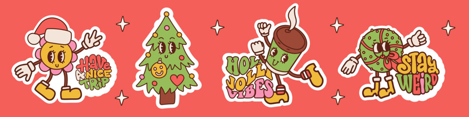 Christmas sticker set with vibrant lettering hippie wishes words. Groovy Hand drawn letters congratulations with retro characters. 70s and 60s Typography for social media. Vector contour design.