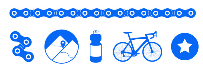 rower ikony, piktogramy związane z kolarstwem: rower szosowy, bidon, łańcuch rowerowy, góry i gwiazda - obrazy, fototapety, plakaty