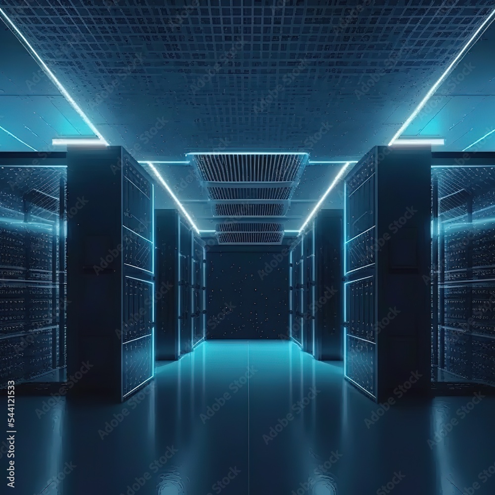 Poster Data center or server room with servers of information cloud storage blue neon color. Server racks in a computer security network server room. 3d illustration