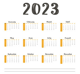 Horizontal calendar 2023 year. Minimalist design. Week starts on Sunday