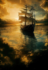 Obraz premium AI generated image of an old Spanish galleon ship at sea during sunset 