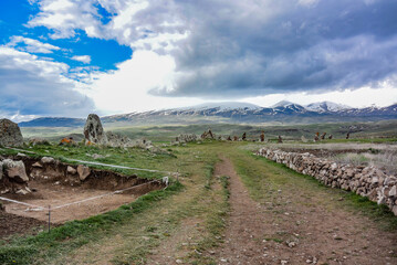 Megalithic standing stone of Zorats karer or Qarahunj is a prehistoric monument in Armenia. May 5,...