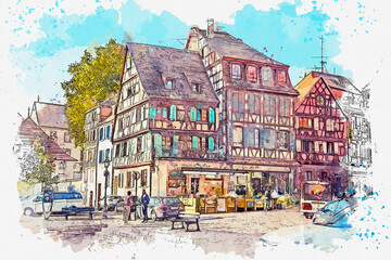 Watercolor painting street view of beautiful Colmar village, Alsace, France. - obrazy, fototapety, plakaty
