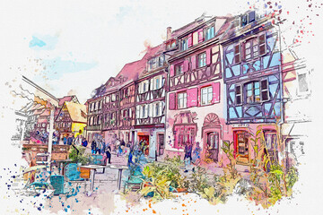 Watercolor painting street view of beautiful Colmar village, Alsace, France. - obrazy, fototapety, plakaty