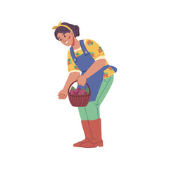 Harvesting farmer picking berries to small basket. Isolated female personage working on field or farm, growing food. Flat cartoon character, vector in flat style