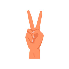 Nonverbal communication and language of symbols and signs. Isolated peace or victory hand gesture with clenched fist and raised fingers. Vector in flat style