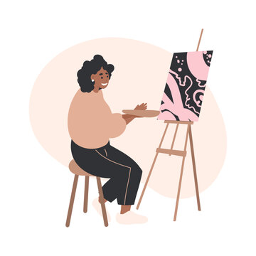 Black woman artist with painted canvas at easel, cartoon flat vector illustration. Young woman painter with brush sit near easel. Hobby, art studio concept. 