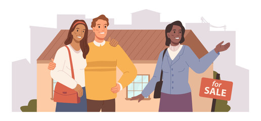 Real estate agent showing houses or apartments for sale to young couple. Clients looking at building, smiling and hoping for future. Vector in flat style