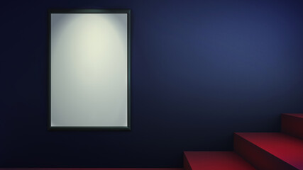 Poster background 3D graphics template. Theater entrance concept illustration, with an empty wall art frame and red stairs, ideal for new movies, event or show premieres invitations etc.
