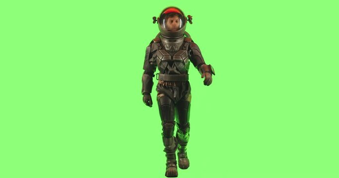 CHROMA KEY Side view of male astronaut wearing a spacesuit walking against green screen