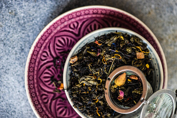 Green sencha tea leaves with mango