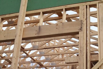 close up of frame of new home under construction - 544123372