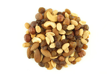 Mixture of nuts and raisins isolated on white background. Student mix with raisins,peanuts,hazelnuts,roasted almonds and cashew nuts
