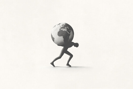 illustration of man carrying the weight of the world on his shoulders, surreal abstract concept