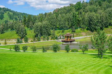 landscape with a lake in the background