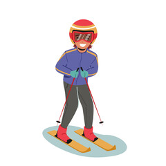 Little Boy Skiing Outdoors Leisure, Winter Sports Activity Isolated on White Background. Child Wear Costume and Goggles