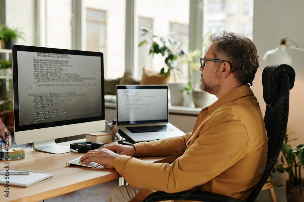 Poster Serious mature software developer looking at code on computer screen while decoding data and carrying out working tasks in office