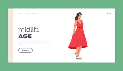 Midlife Age Landing Page Template. Woman in Red Dress. Young Female Character, Attractive Girl Vector Illustration