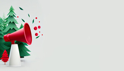 Christmas megaphone with Christmas tree banner background, 3d render December celebration holiday, winter promotion, marketing, advertisement, speaker, announce, social media, winter sale,loudspeaker.