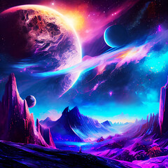 Abstract fantasy neon space, earth mountain game sci-fi landscape. Star nebulae, galaxy moon, mountains, fog. Unreal fantasy world. Silhouettes, 3D illustration. nebula fantasy space.digital art sky.