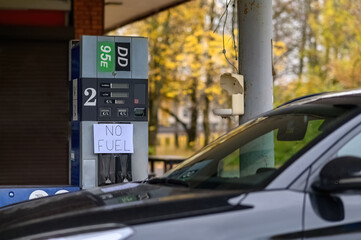 "No fuel" sign at a gas station. Lack of fuel during the crisis.
