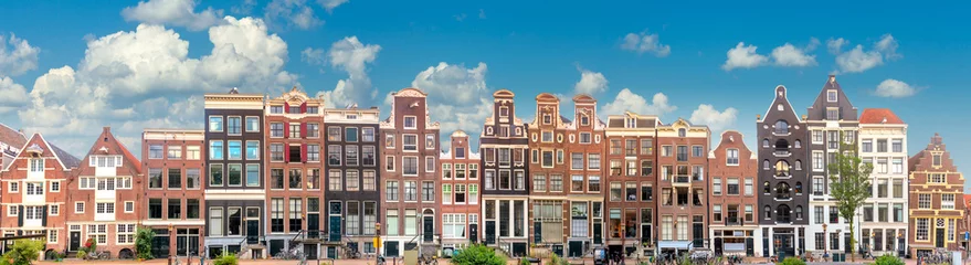 Keuken spatwand met foto Amsterdam  Long Panorama of famous Amsterdam houses with blue sky. Various traditional houses in the historic center of Amsterdam. Amsterdam, Holland, Netherlands, © Taiga
