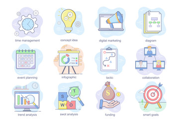 Business planning concept flat icons set. Bundle of time management, digital marketing, event planning, tactic, collaboration, funding and other. Conceptual pack color symbols for mobile app