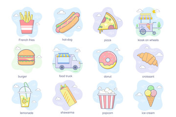 Fast food concept flat icons set. Bundle of hot dog, pizza, kiosk on wheels, burger, food truck, donut, croissant, lemonade, ice cream and other. Conceptual pack color symbols for mobile app